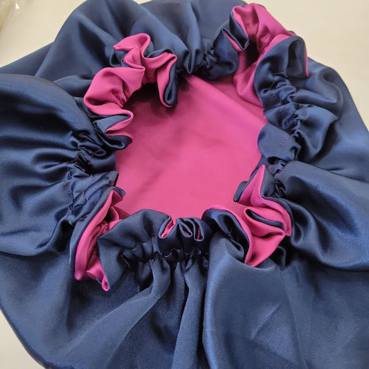 Satin Bonnet & Scrunchie - Blue & Dark Pink