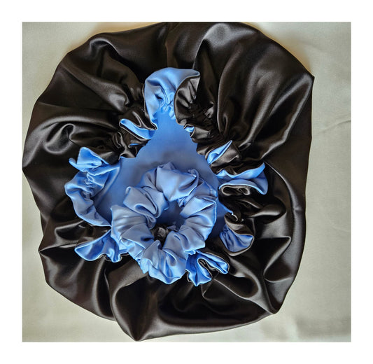 Satin Bonnet and Scrunchies - Black & Blue - 1