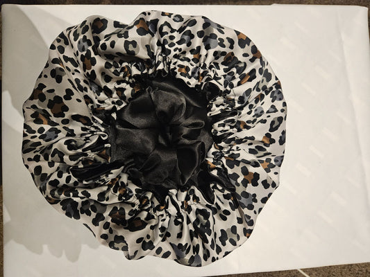Satin Bonnets & Scrunchies - Black & Grey Animal print - 1