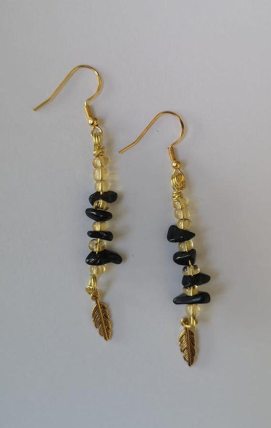 Obsidian Earrings with Gold Feathers - 1