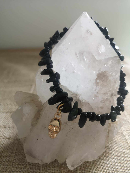 Obsidian Crystal Bracelet with gold Skull Charm - 1